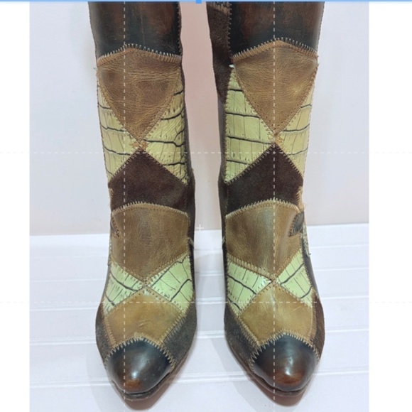 FREE BIRD BY STEVEN JUNO OLIVE MULTI COLOR PATCHWORK TALL BOOTS HANDMADE SIZE 6 - Picture 10 of 13
